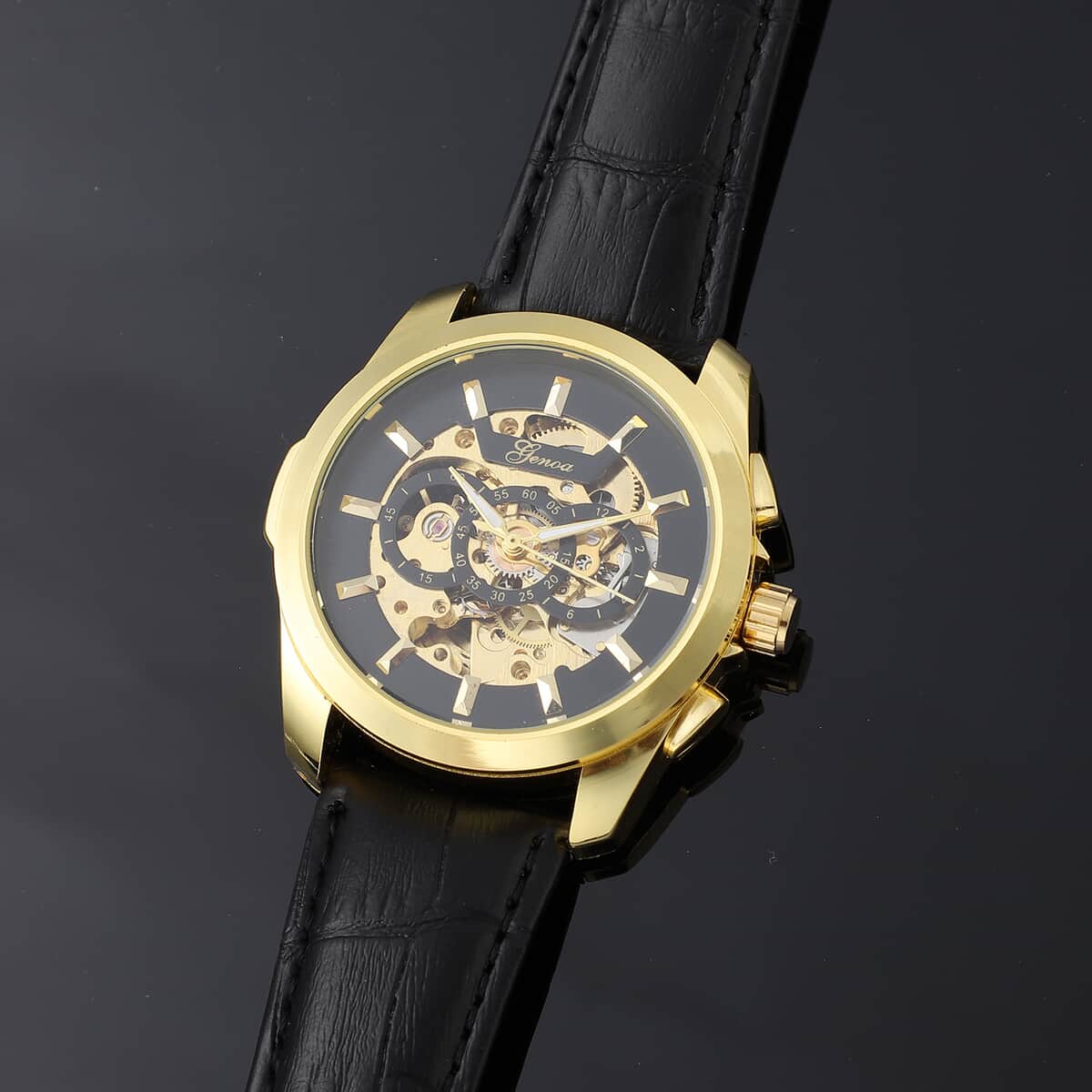 Genoa Automatic Mechanical Movement Watch with Black Skeleton Dial & Black Leather Strap image number 1