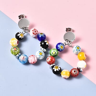 Multi Color Murano Style and Hematite Hoop Earrings in Stainless Steel 3.50 ctw