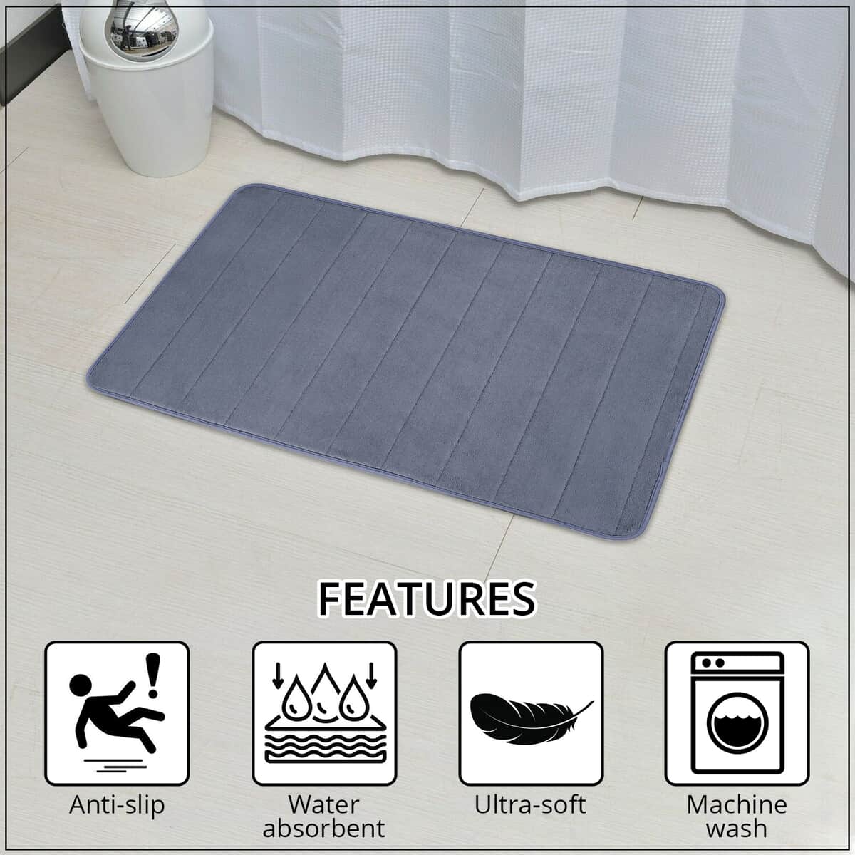 Gray Color Microfiber Anti-Slip Bathmat (19.8"x31.5") image number 2