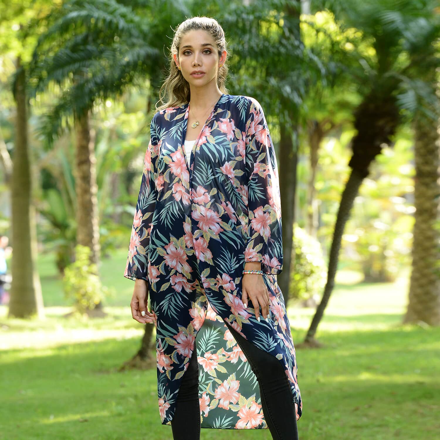 Buy Jovie Navy Lily Printed Long Sleeve Maxi Chiffon Cardigan at