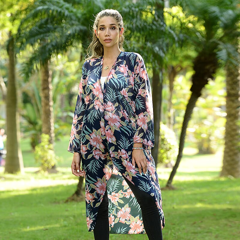 Jovie Navy Lily Printed Long Sleeve Maxi Chiffon Cardigan