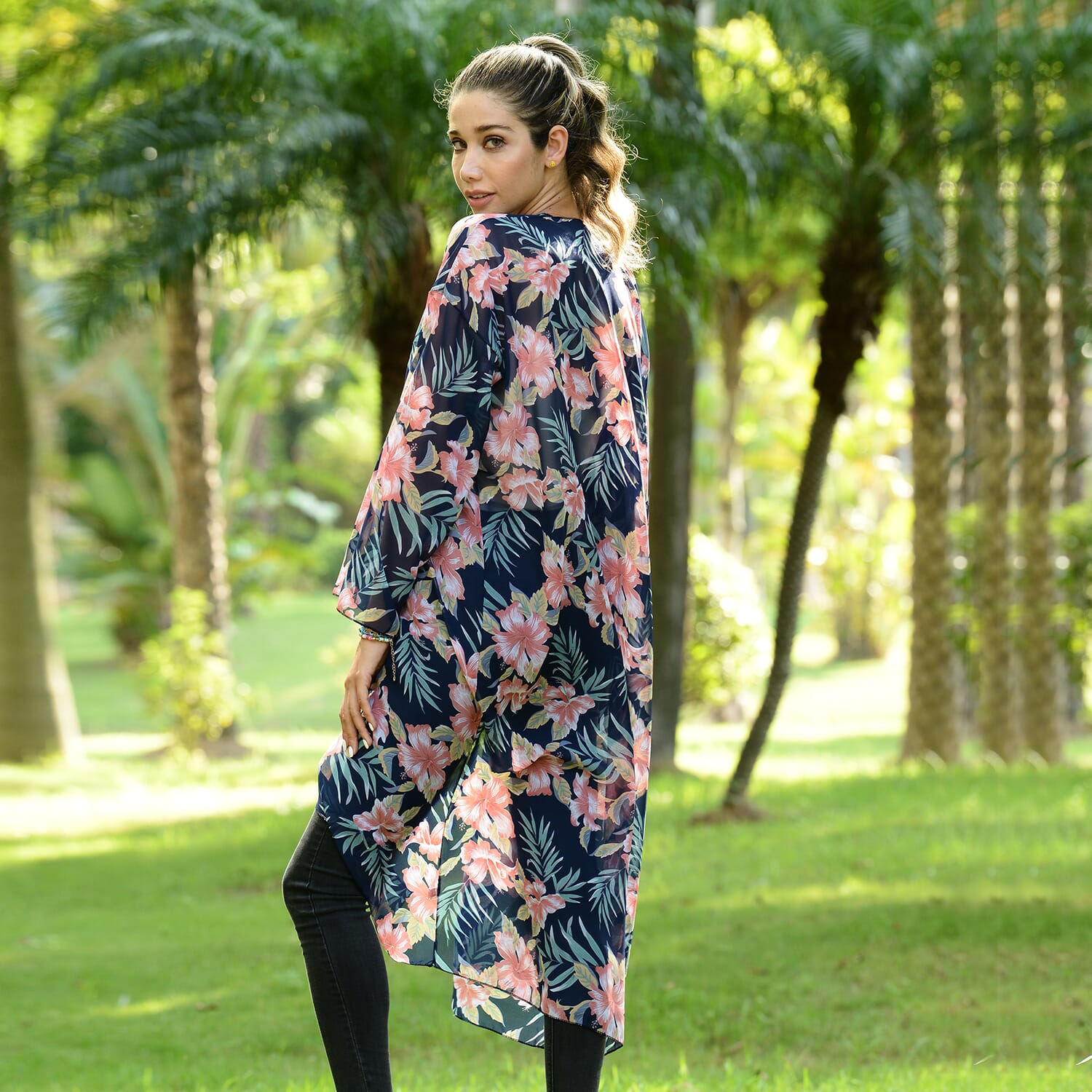 Buy Jovie Navy Lily Printed Long Sleeve Maxi Chiffon Cardigan at ShopLC