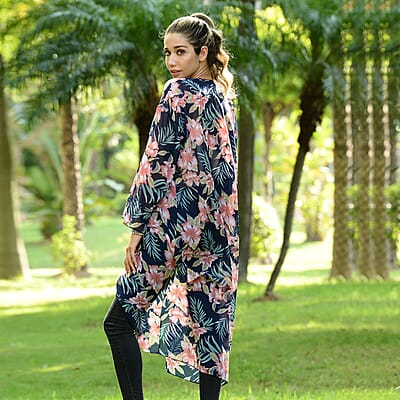 Jovie Navy Lily Printed Long Sleeve Maxi Chiffon Cardigan