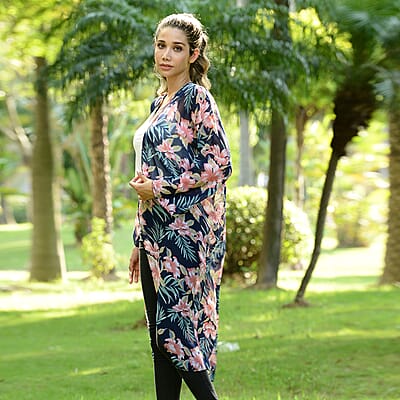 Jovie Navy Lily Printed Long Sleeve Maxi Chiffon Cardigan