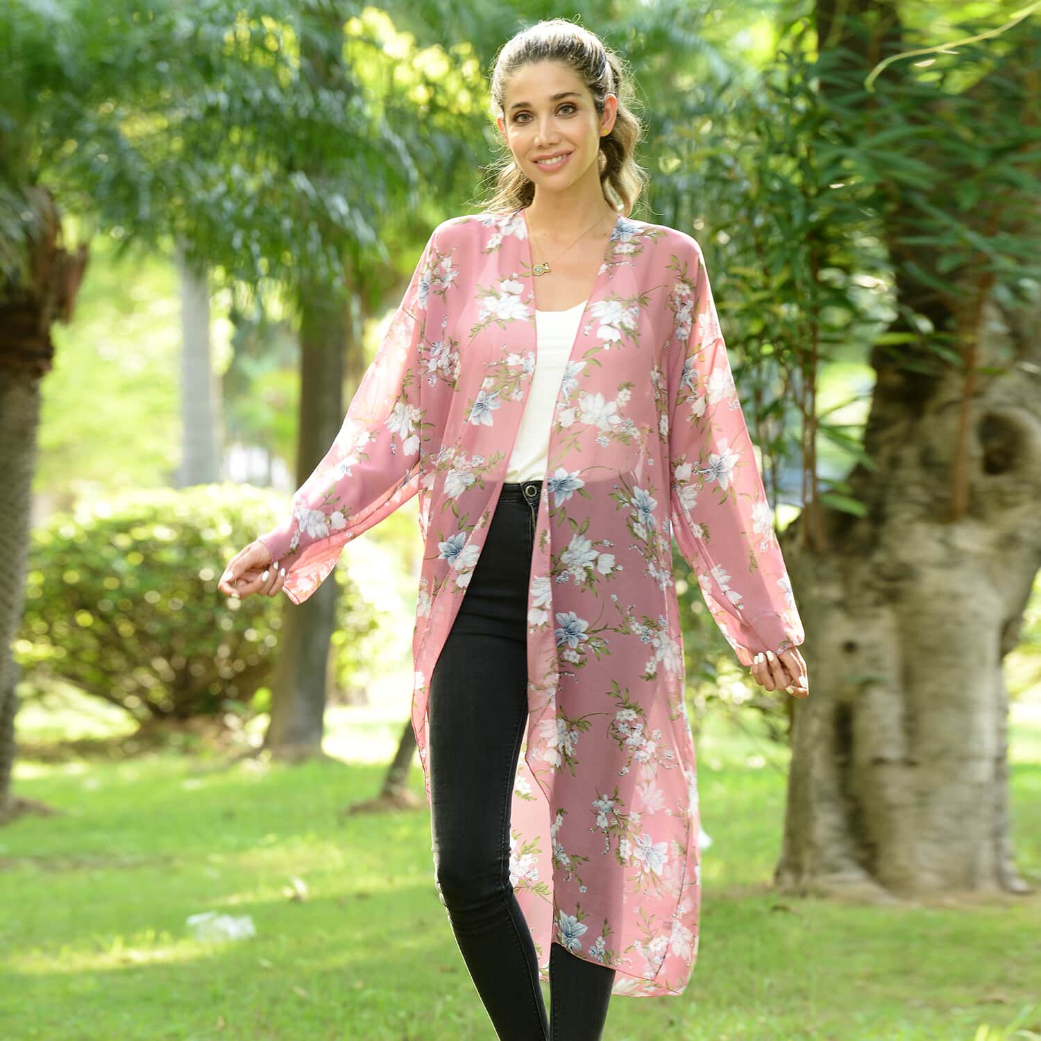 Buy Jovie Pink Floral Printed Long Sleeve Maxi Chiffon Cardigan at ShopLC