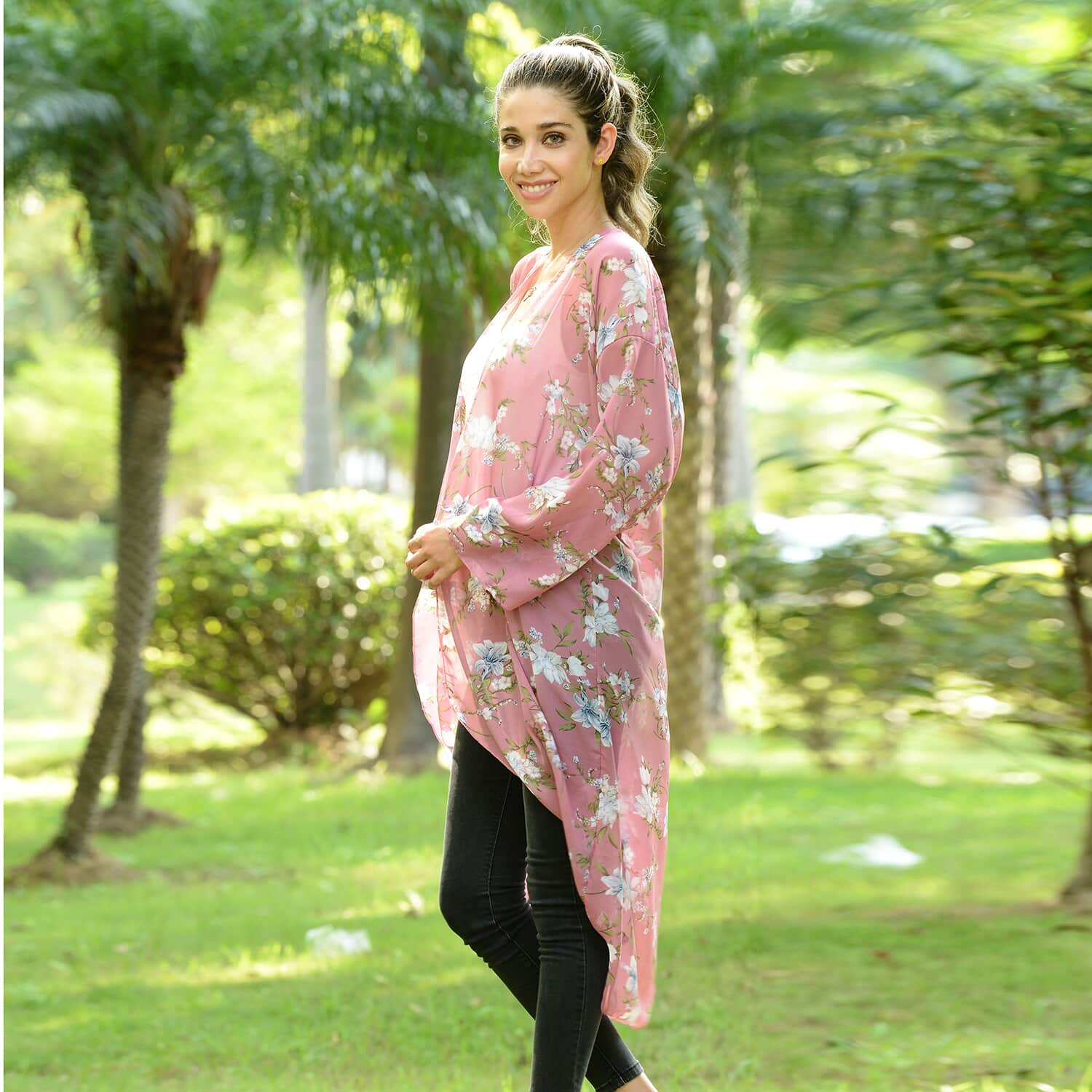 Buy Jovie Pink Floral Printed Long Sleeve Maxi Chiffon Cardigan at