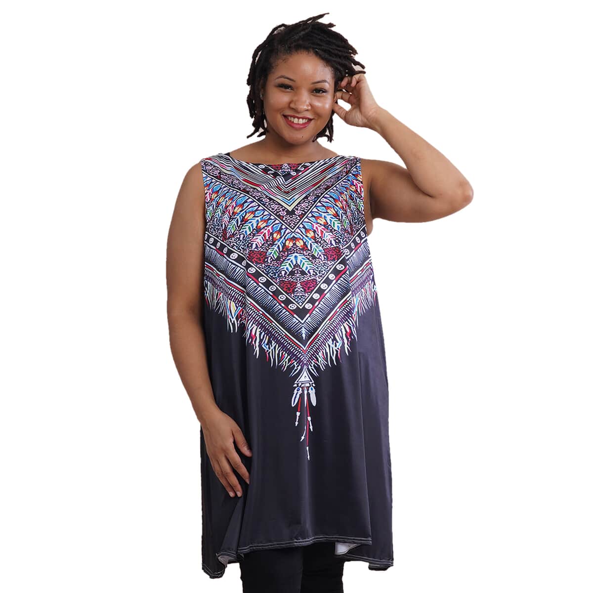 JOVIE Black Feather Pattern Sleeveless A-Line Tunic (L/XL) image number 0