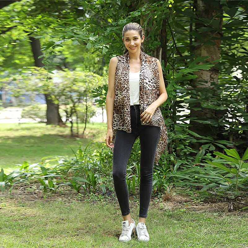 Jovie Brown Leopard Printed Chiffon Sleeveless Waterfall Cardigan