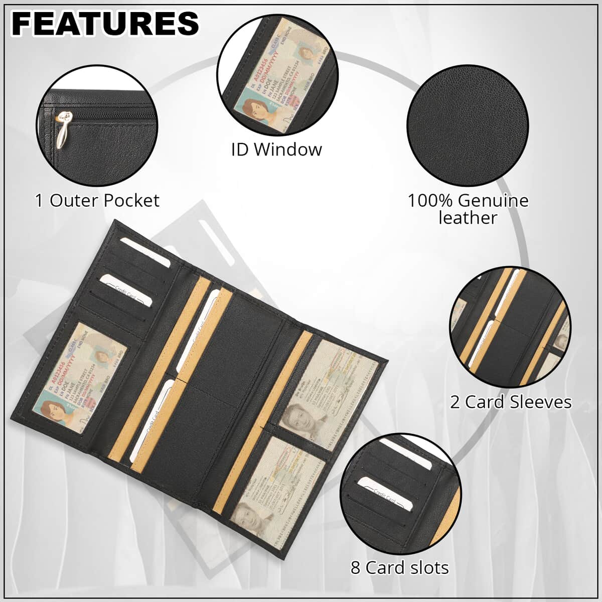 PASSAGE Black Genuine Leather RFID Tri-Fold Wallet (8.5"x4.5"x.5'') image number 2