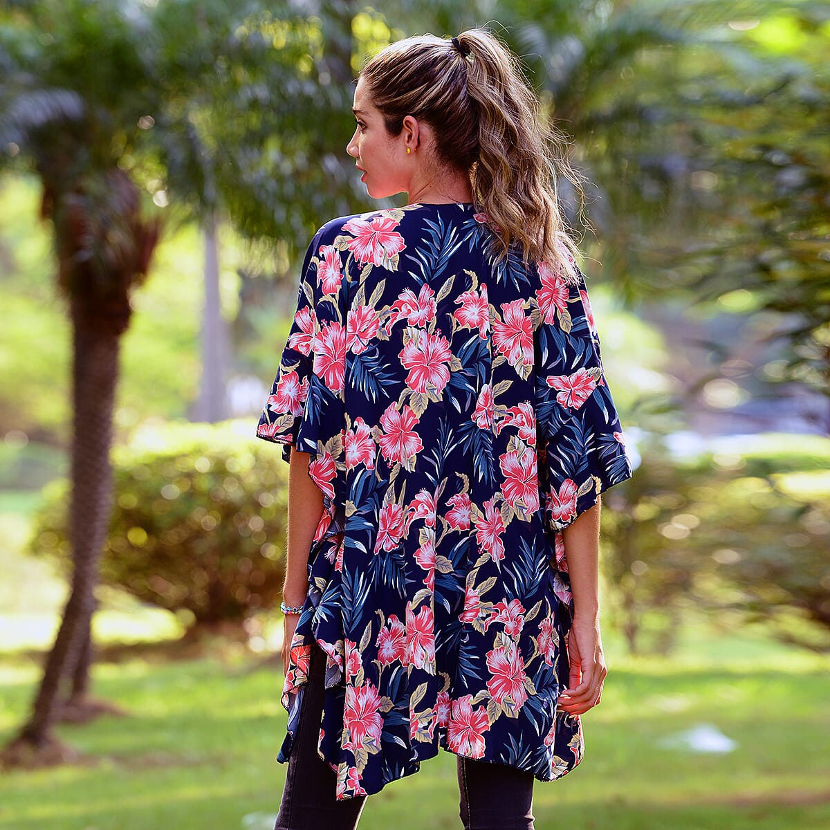 JOVIE Navy Hibiscus Printed Kimono with Ruffle Hem image number 1