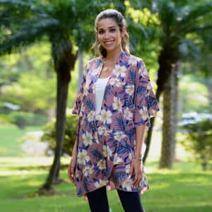 JOVIE Blush Hibiscus Printed Kimono with Ruffle Hem