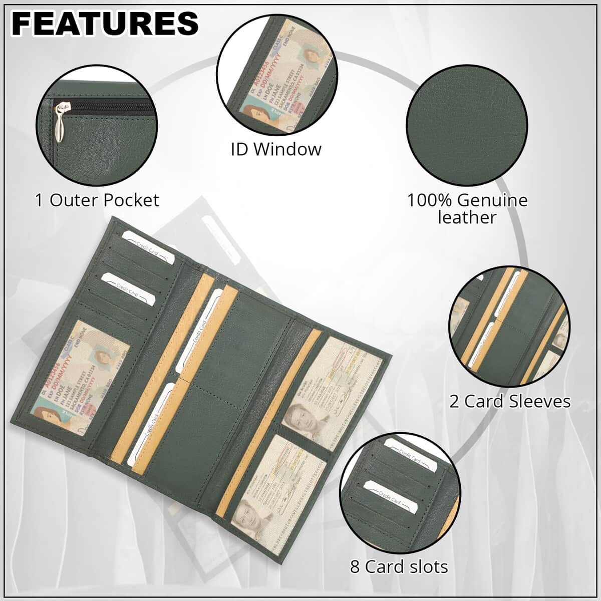 Passage Green Genuine Leather RFID Tri-Fold Wallet image number 2