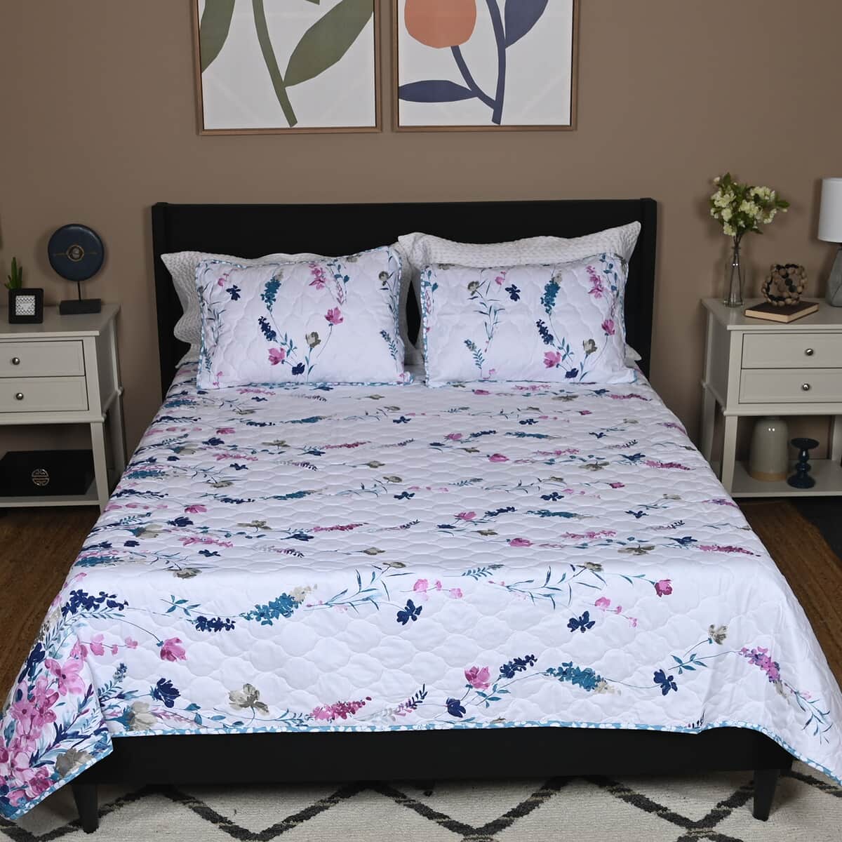 SEASIDE VILLA 3pc White and Purple Floral Disperse Print Quilt Set - (Queen) image number 0