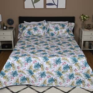 Closeout SEASIDE VILLA 3pc White and Green Leaf Disperse Print Quilt Set (Queen)