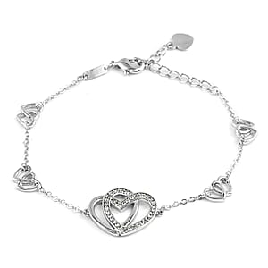 Simulated Diamond Linked Heart Bracelet in Silvertone (6.50 In) 0.78 ctw