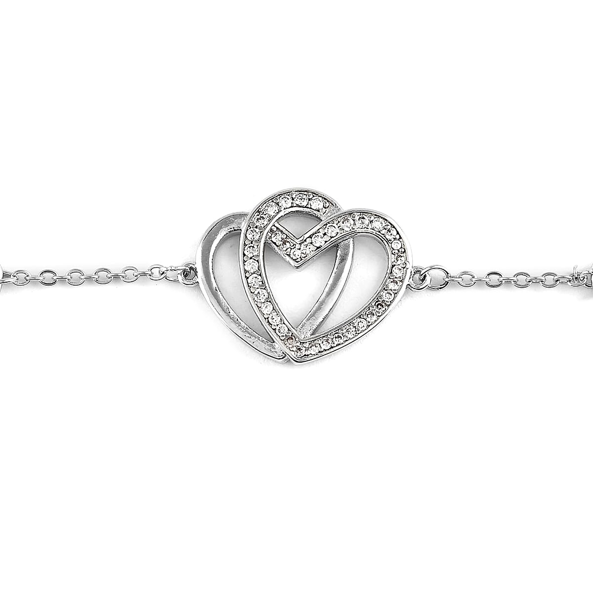 Simulated Diamond Linked Heart Bracelet in Silvertone (6.50 In) 0.78 ctw image number 1