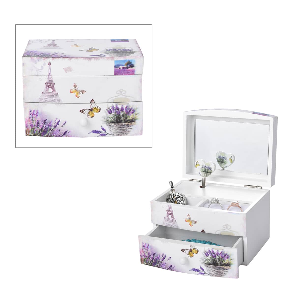 White and Purple Floral & Tower Pattern 2 Layer Music Jewelry Box for Women | Portable Jewelry Box | Jewelry Holder | Jewelry Storage | Jewelry Organizer image number 0