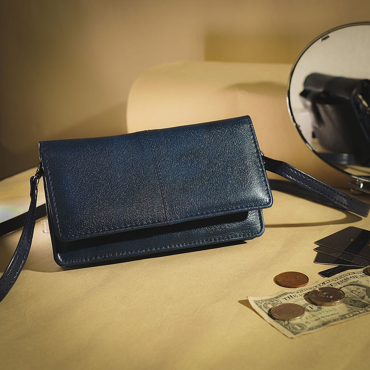 Black Croco Embossed Genuine Leather RFID Bi-fold Wallet (7.5x4.25") with Detachable Shoulder Strap image number 1