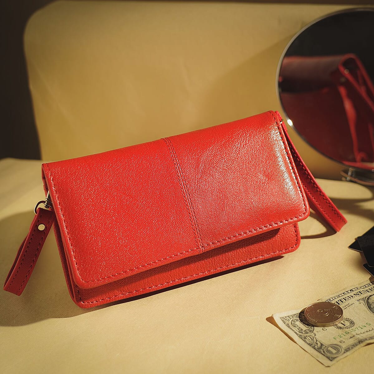 Hong Kong Closeout Cherry Genuine Leather RFID Mobile Case Crossbody Bag with Detachable Shoulder Strap image number 1