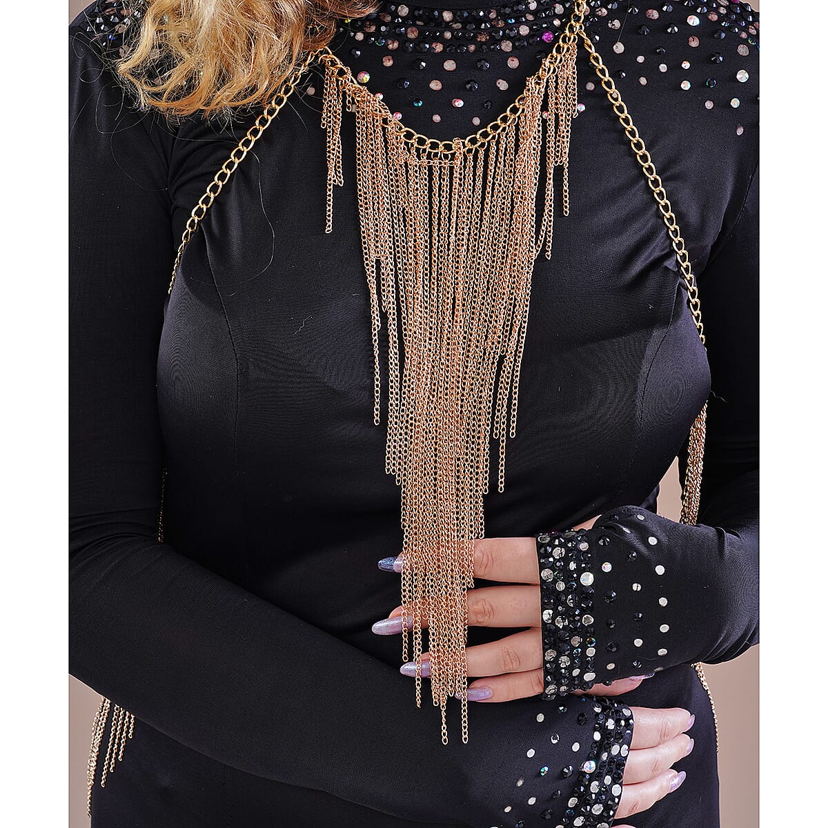 Waterfall Pattern Multi Strand Body Chain (22 Inches) in Goldtone  image number 6