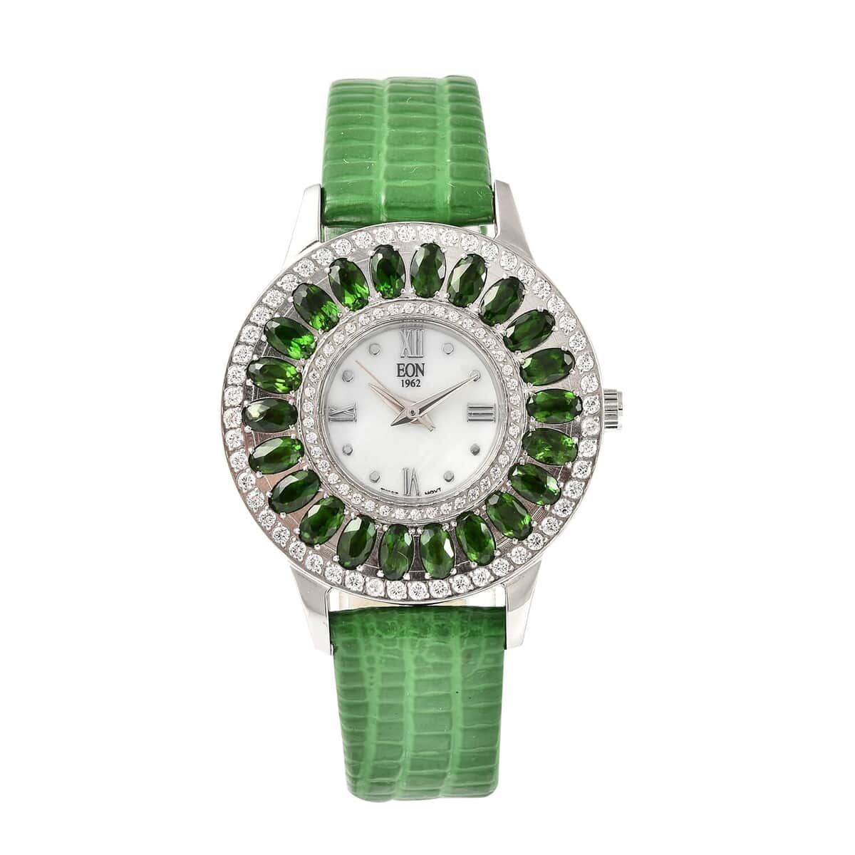 EON 1962 Natural Chrome Diopside Swiss Movement Stainless Steel Triple Halo MOP Dial Watch with Green Leather Band 7.00 ctw image number 0