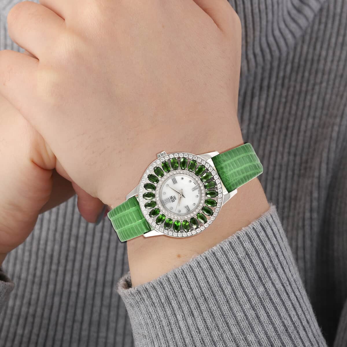 EON 1962 Natural Chrome Diopside Swiss Movement Stainless Steel Triple Halo MOP Dial Watch with Green Leather Band 7.00 ctw image number 2