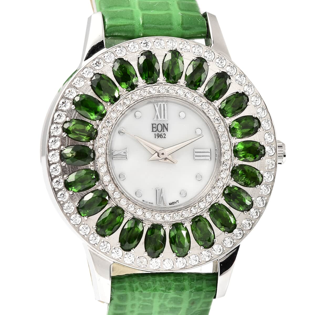 EON 1962 Natural Chrome Diopside Swiss Movement Stainless Steel Triple Halo MOP Dial Watch with Green Leather Band 7.00 ctw image number 3