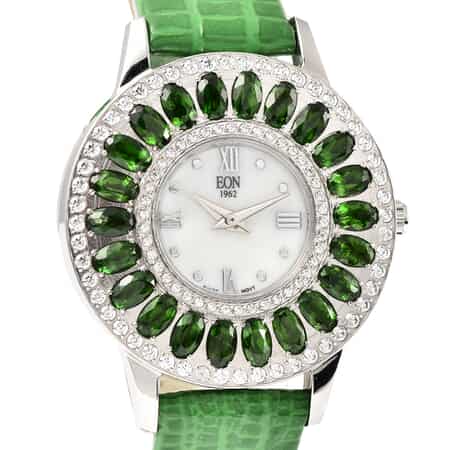 Eon 1962 Chrome Diopside Swiss Movement Stainless Steel Triple Halo MOP Dial Watch with Green Leather Band 7.00 ctw, Designer Leather Watch, Analog Luxury Wristwatch image number 3