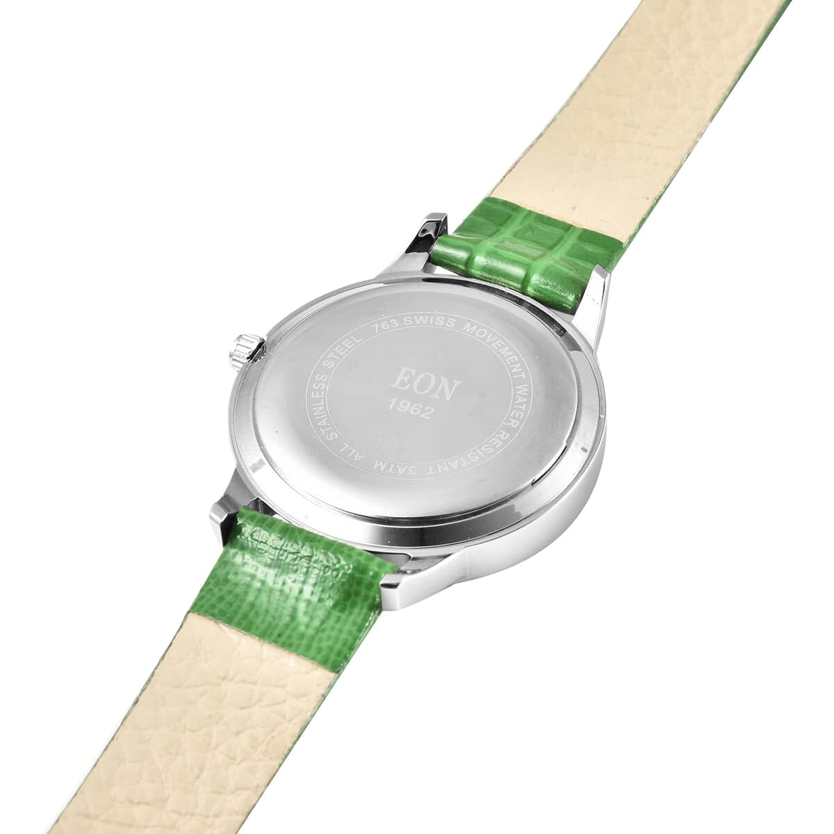 EON 1962 Natural Chrome Diopside Swiss Movement Stainless Steel Triple Halo MOP Dial Watch with Green Leather Band 7.00 ctw image number 4