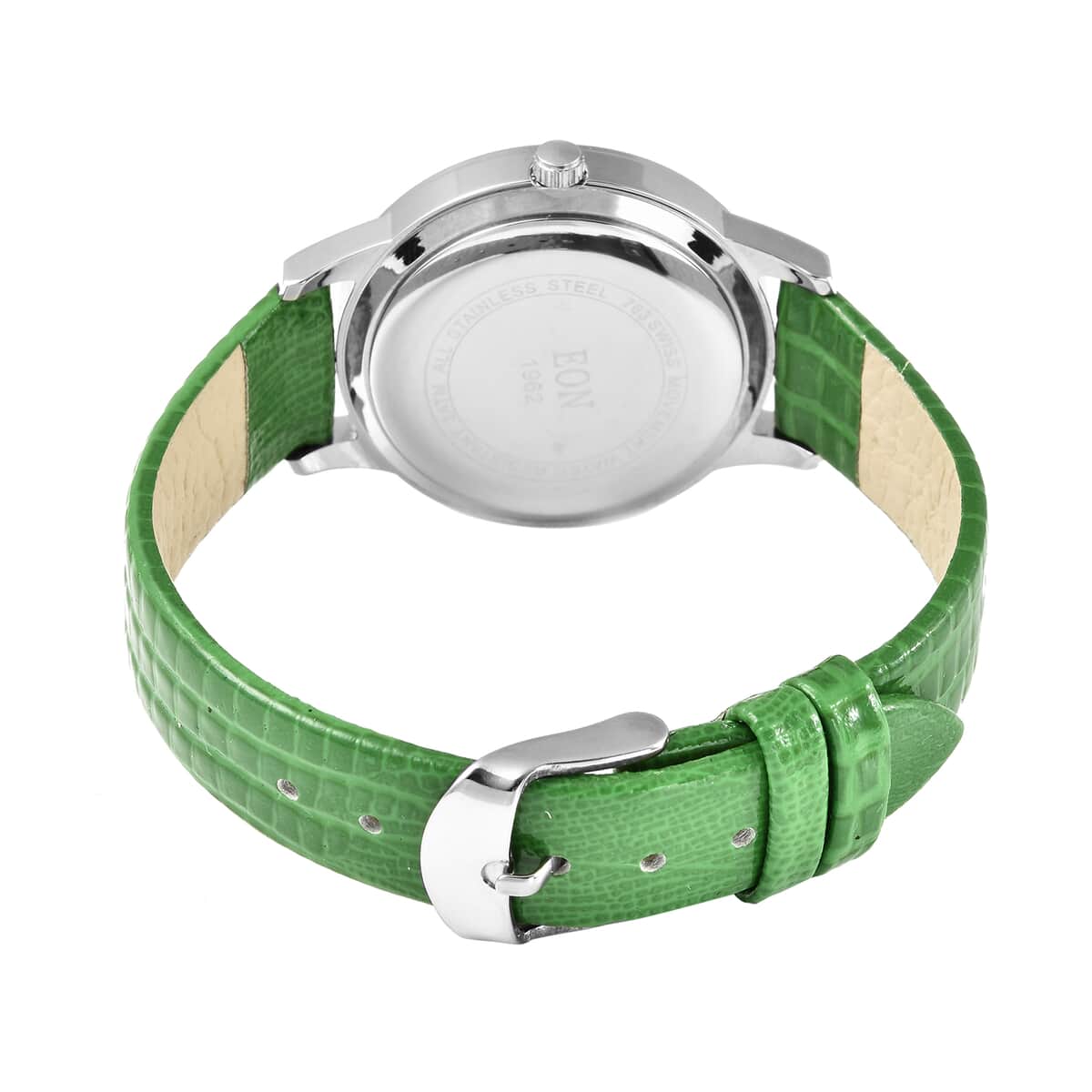 EON 1962 Natural Chrome Diopside Swiss Movement Stainless Steel Triple Halo MOP Dial Watch with Green Leather Band 7.00 ctw image number 5