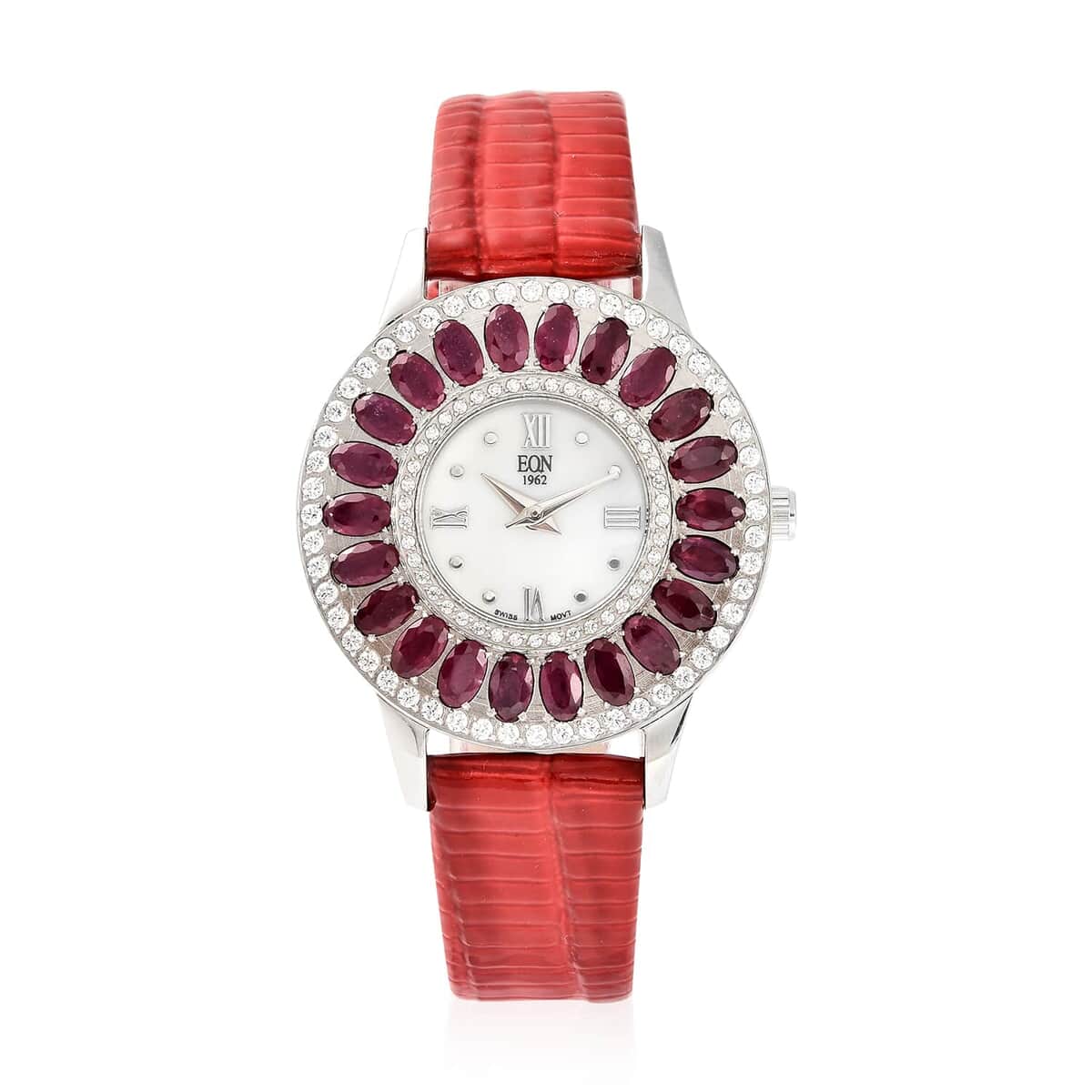 Eon 1962 Niassa Ruby (FF) Swiss Movement Stainless Steel Triple Halo MOP Dial Watch with Red Leather Band 7.00 ctw, Designer Leather Watch, Analog Luxury Wristwatch image number 0