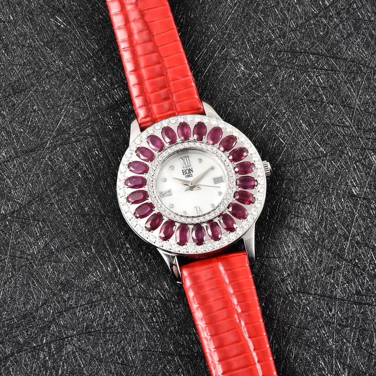 Eon 1962 Niassa Ruby (FF) Swiss Movement Stainless Steel Triple Halo MOP Dial Watch with Red Leather Band 7.00 ctw, Designer Leather Watch, Analog Luxury Wristwatch image number 1