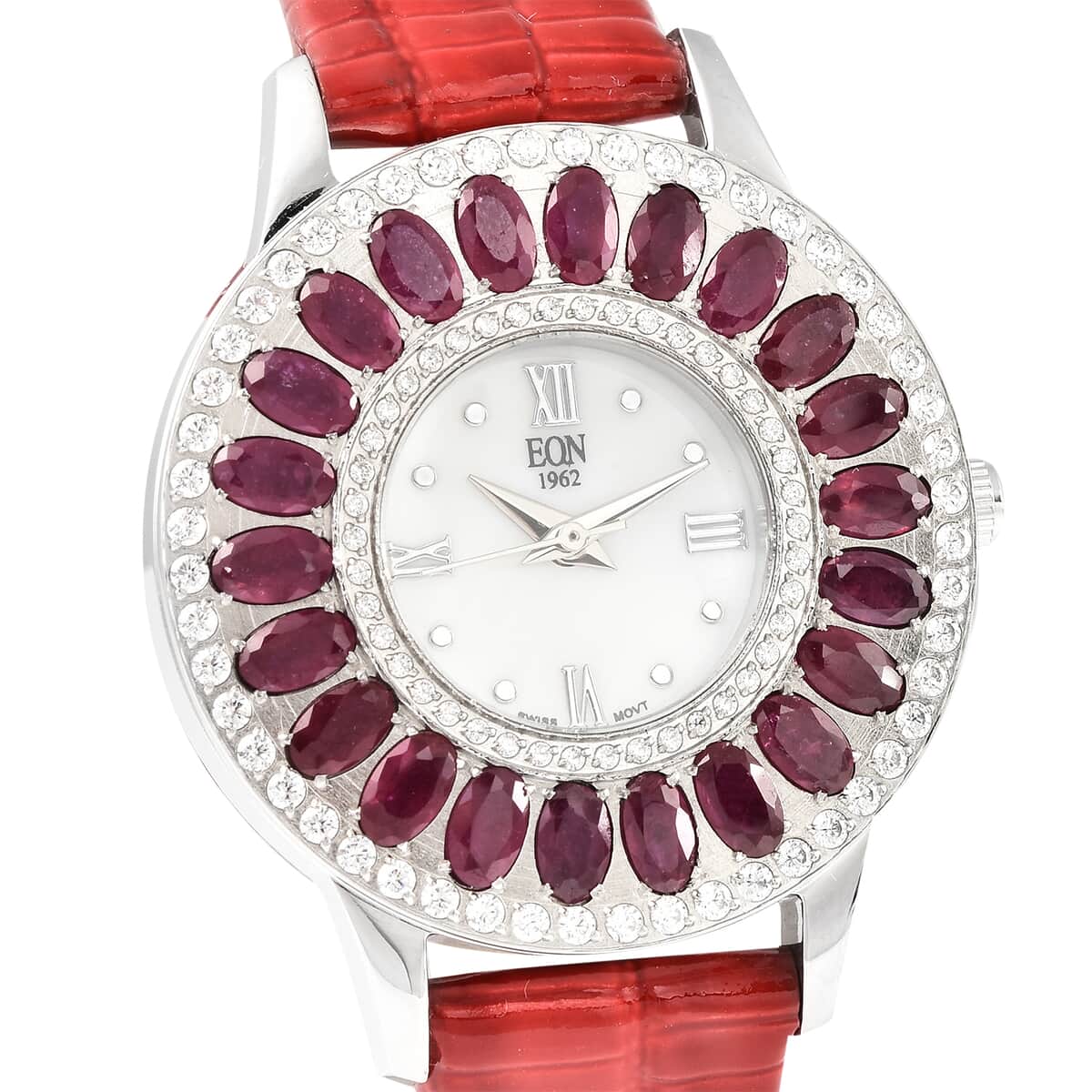 Eon 1962 Niassa Ruby (FF) Swiss Movement Stainless Steel Triple Halo MOP Dial Watch with Red Leather Band 7.00 ctw, Designer Leather Watch, Analog Luxury Wristwatch image number 3