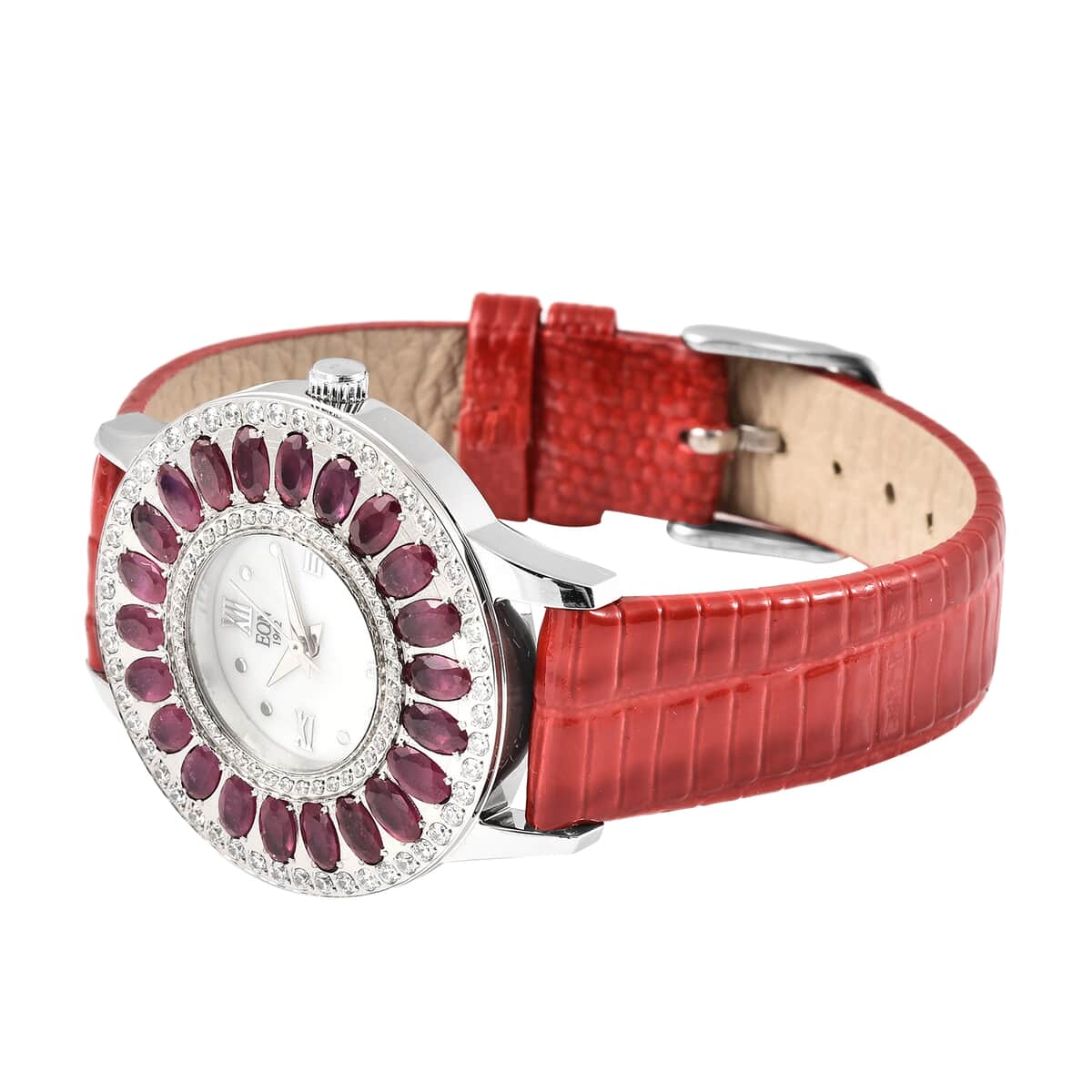 Eon 1962 Niassa Ruby (FF) Swiss Movement Stainless Steel Triple Halo MOP Dial Watch with Red Leather Band 7.00 ctw, Designer Leather Watch, Analog Luxury Wristwatch image number 4