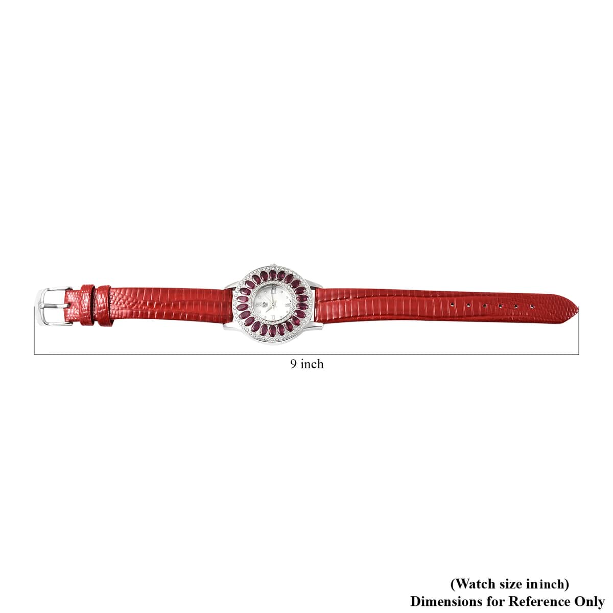 Eon 1962 Niassa Ruby (FF) Swiss Movement Stainless Steel Triple Halo MOP Dial Watch with Red Leather Band 7.00 ctw, Designer Leather Watch, Analog Luxury Wristwatch image number 6