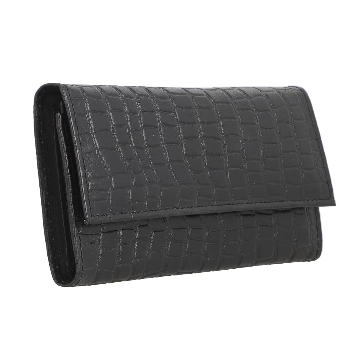 PASSAGE Black Genuine Leather Croco Embossed RFID Bi-Fold Wallet image number 2