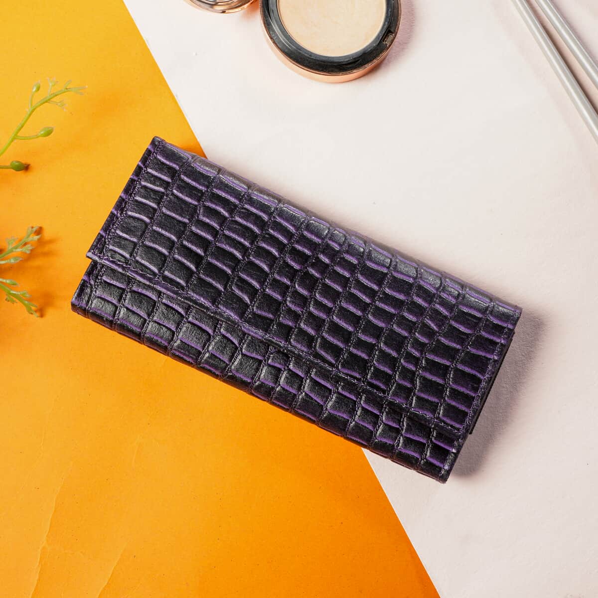 Passage Purple Genuine Leather Croco Embossed RFID Bi-Fold Wallet image number 1