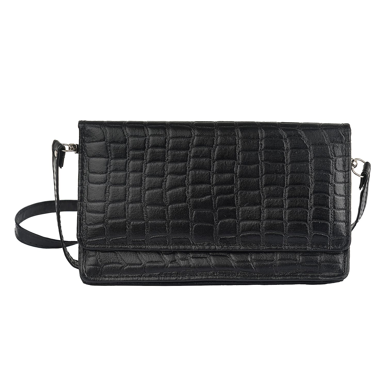 Hong Kong Closeout Black Genuine Leather Croco Embossed RFID Mobile Case Crossbody Bag with Detachable Shoulder Strap