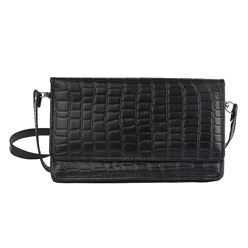 Hong Kong Closeout Black Genuine Leather Croco Embossed RFID Mobile Case Crossbody Bag with Detachable Shoulder Strap