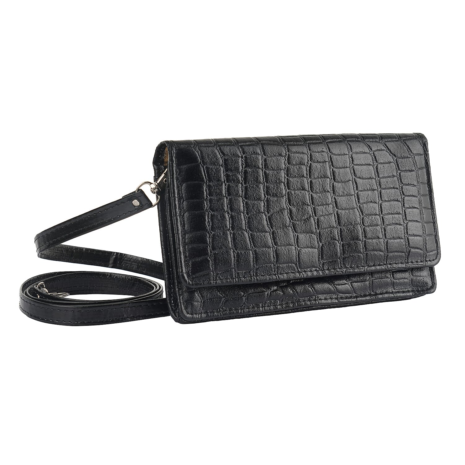 Hong Kong Closeout Black Genuine Leather Croco Embossed RFID Mobile Case Crossbody Bag with Detachable Shoulder Strap