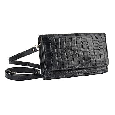 Hong Kong Closeout Black Genuine Leather Croco Embossed RFID Mobile Case Crossbody Bag with Detachable Shoulder Strap