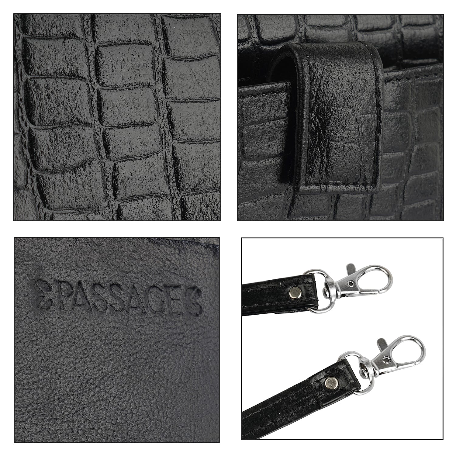 Hong Kong Closeout Black Genuine Leather Croco Embossed RFID Mobile Case Crossbody Bag with Detachable Shoulder Strap