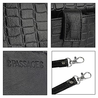 Hong Kong Closeout Black Genuine Leather Croco Embossed RFID Mobile Case Crossbody Bag with Detachable Shoulder Strap