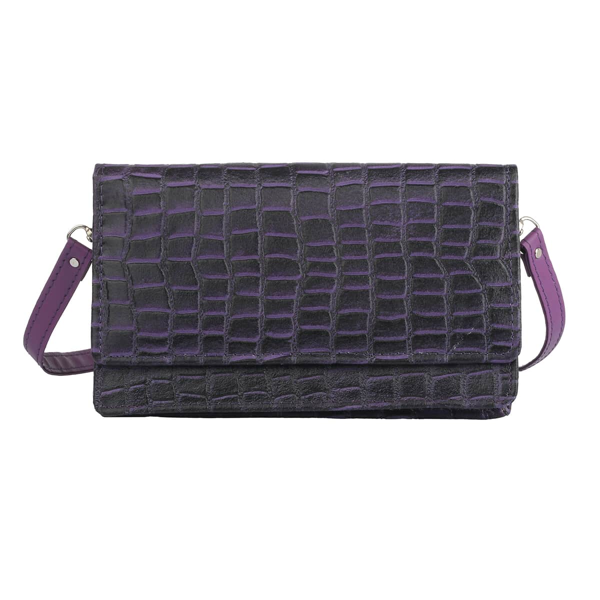 Hong Kong Closeout Purple Genuine Leather Croco Embossed RFID Mobile Case Crossbody Bag with Detachable Shoulder Strap image number 0