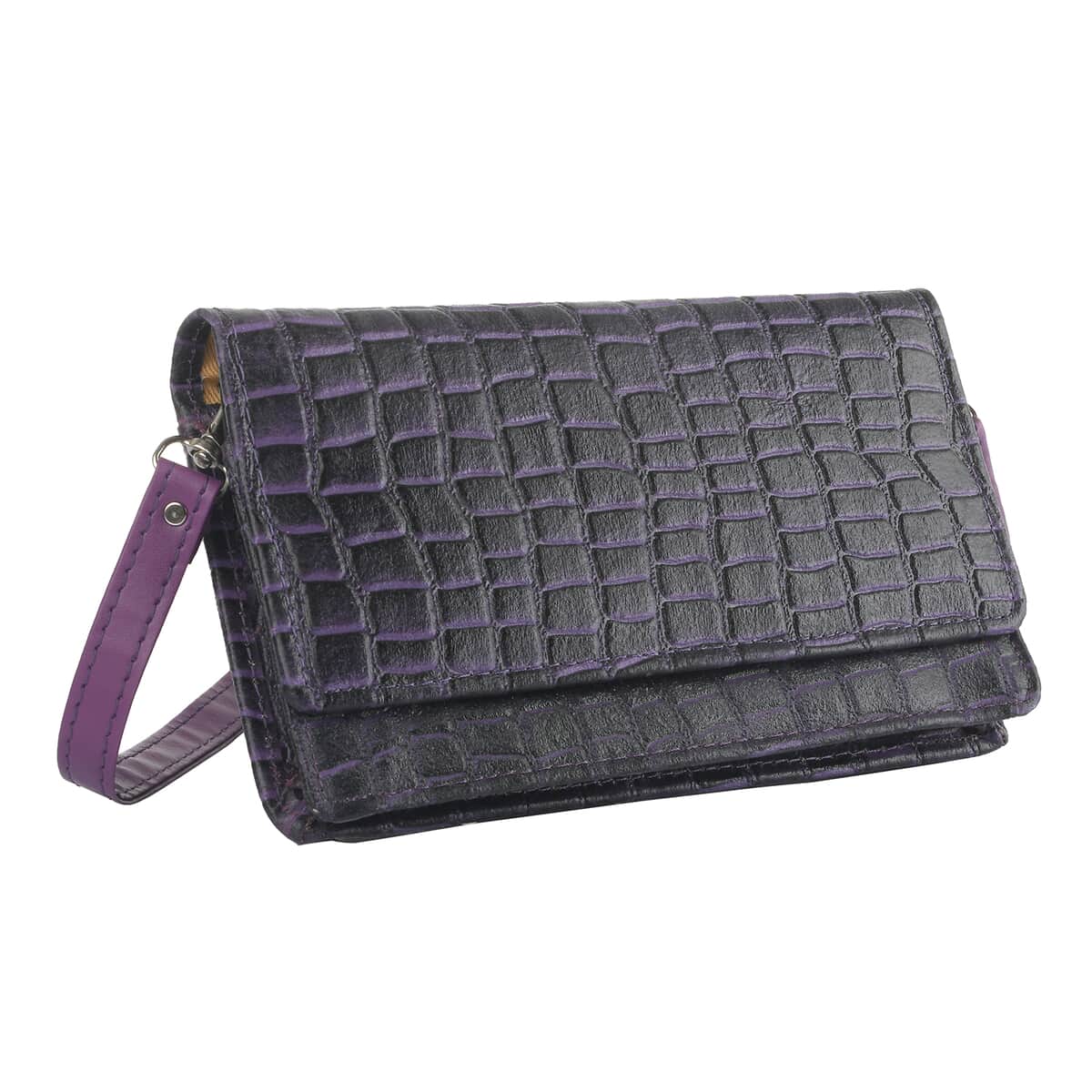 Hong Kong Closeout Purple Genuine Leather Croco Embossed RFID Mobile Case Crossbody Bag with Detachable Shoulder Strap image number 1