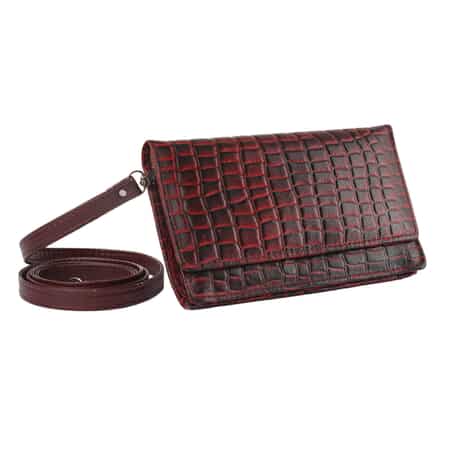 Hong Kong Closeout Red Genuine Leather Croco Embossed RFID Mobile Case Crossbody Bag with Detachable Shoulder Strap image number 1