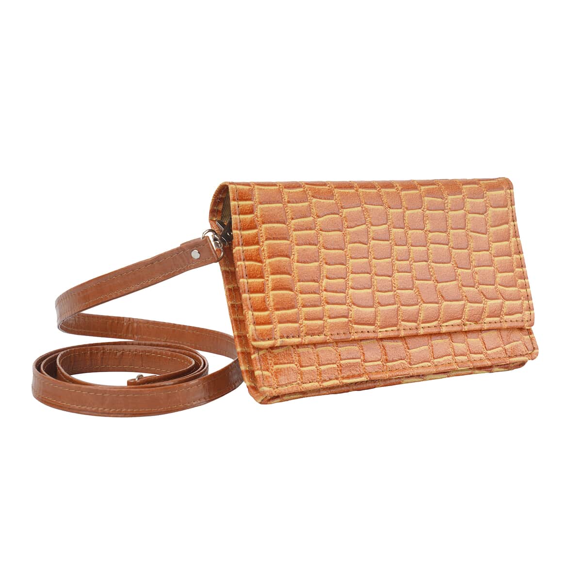Hong Kong Closeout Orange Genuine Leather Croco Embossed RFID Mobile Case Crossbody Bag with Detachable Shoulder Strap image number 1