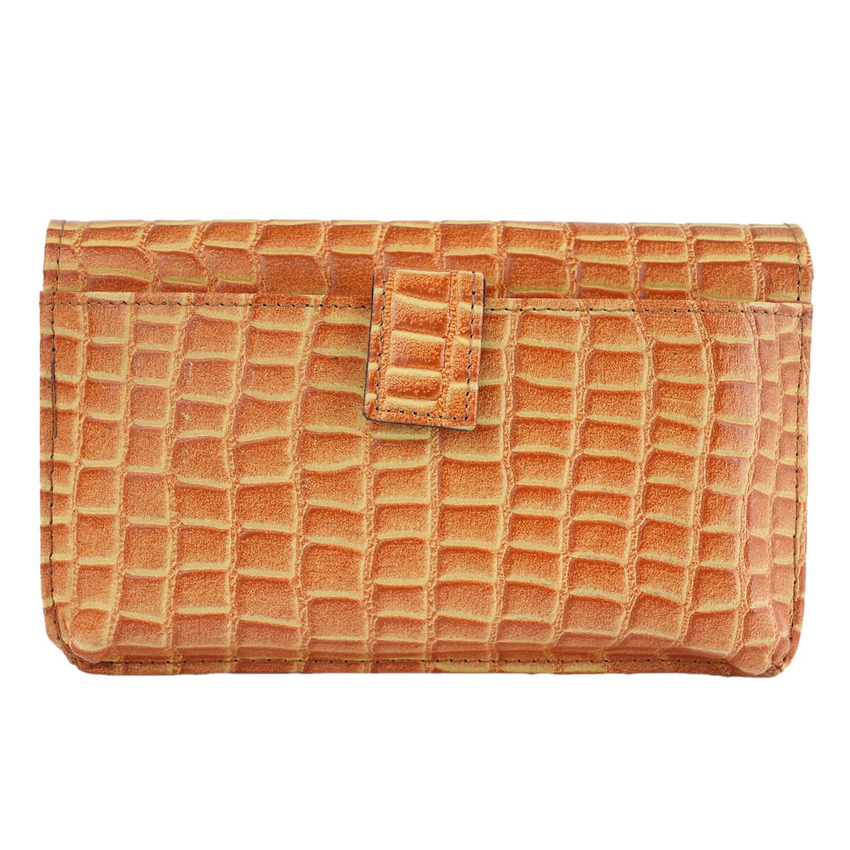 Hong Kong Closeout Orange Genuine Leather Croco Embossed RFID Mobile Case Crossbody Bag with Detachable Shoulder Strap image number 2