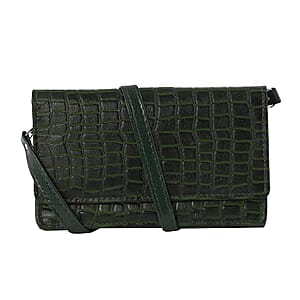 Hong Kong Closeout Dark Green Genuine Leather Croco Embossed RFID Mobile Case Crossbody Bag with Detachable Shoulder Strap