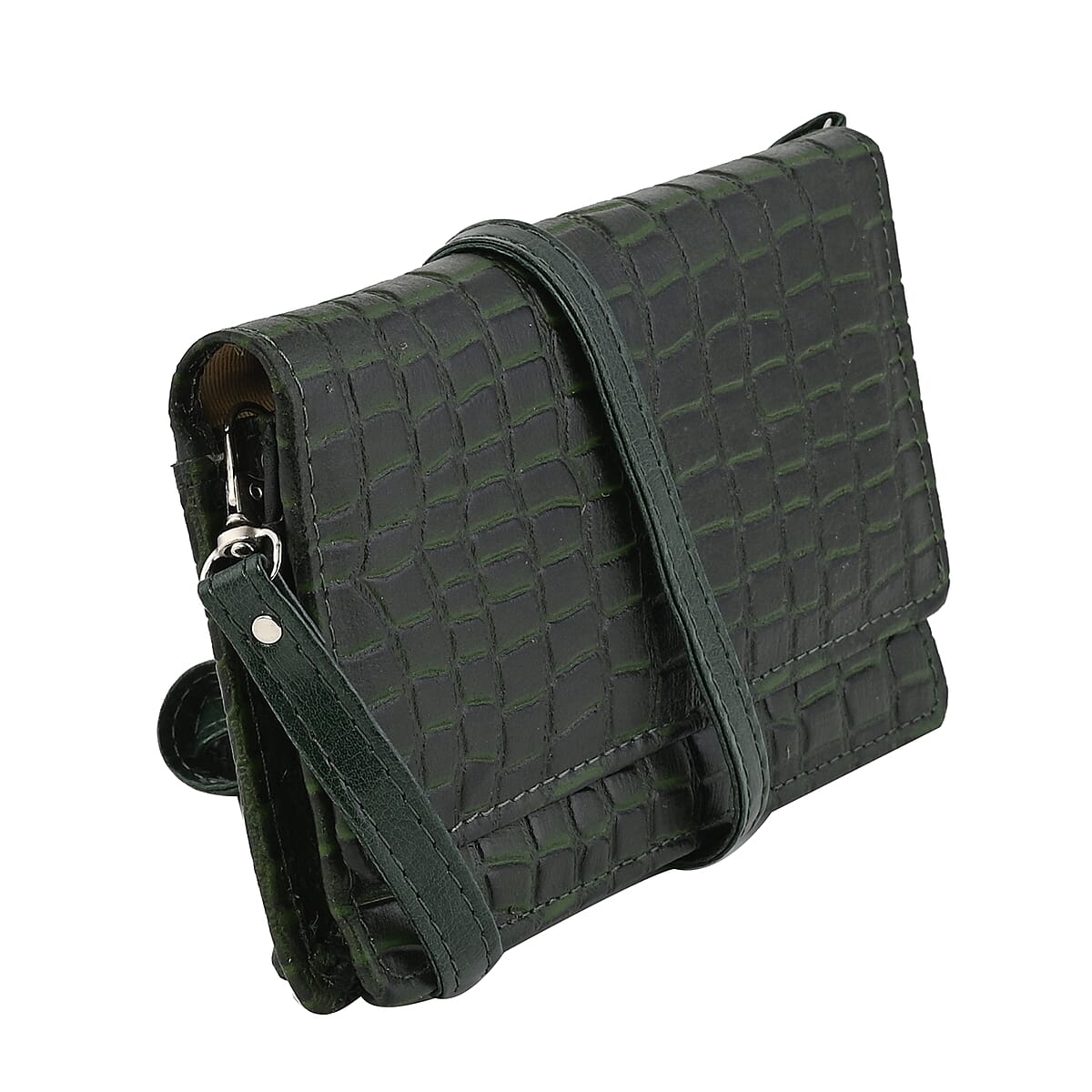 Hong Kong Closeout Dark Green Genuine Leather Croco Embossed RFID Mobile Case Crossbody Bag with Detachable Shoulder Strap image number 1